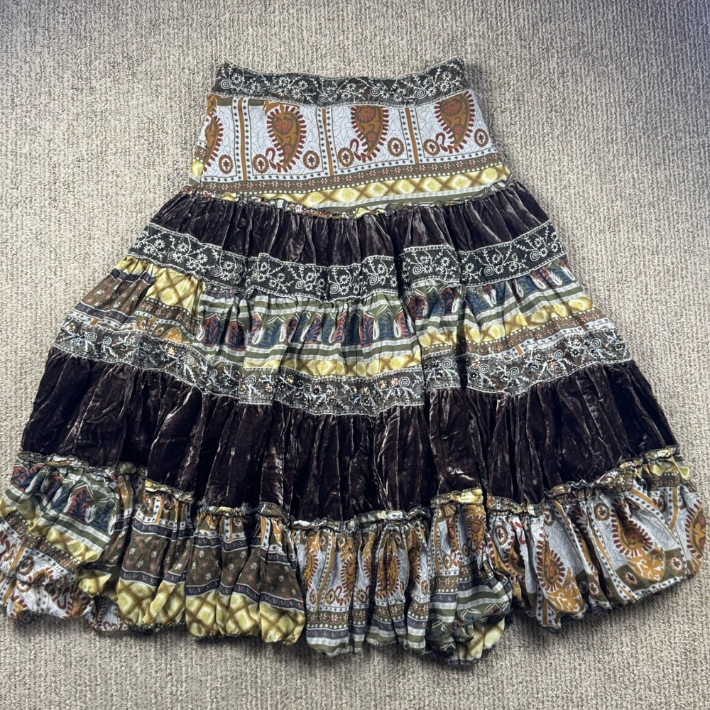 Lapis Tiered Velour Patchwork Midi Skirt Womens S Embellished Paisley Boho Brown